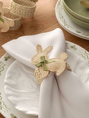 Set Of 2 - Woven Bunny Napkin Rings with Green Bow
